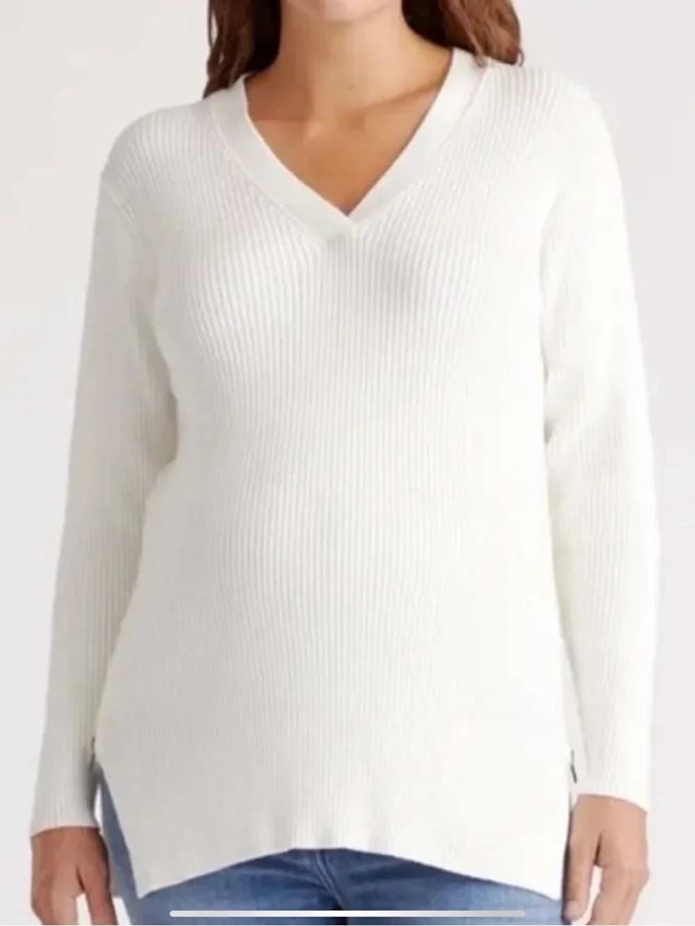 Quince Ivory Ribbed V‑Neck Sweater